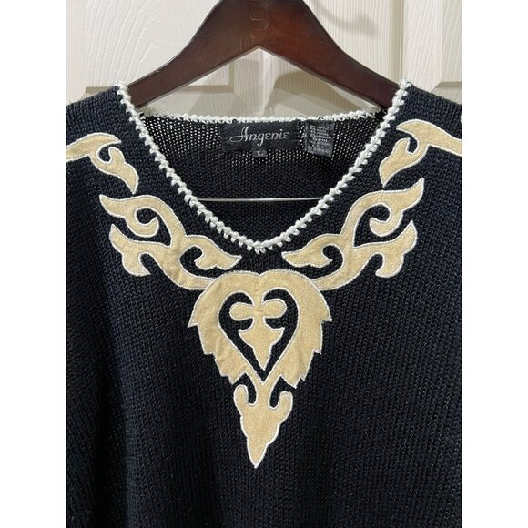 Vintage Angenie Black V-Neck Sweater Gold Embroidered Design & White Fuzzy - Picture 4 of 6
